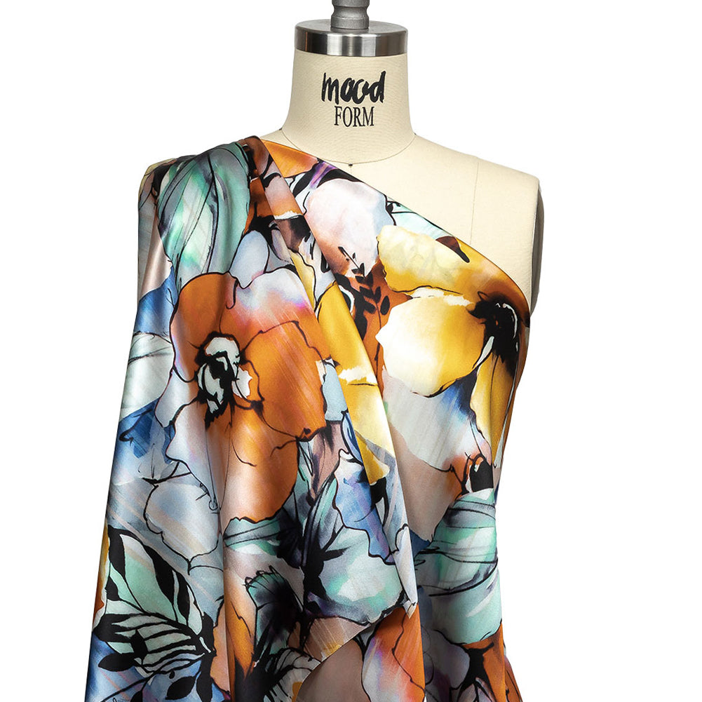Mood Exclusive Italian Blue Gray, Harvest Pumpkin and Yellow Outlined Florals Silk Charmeuse - Drape