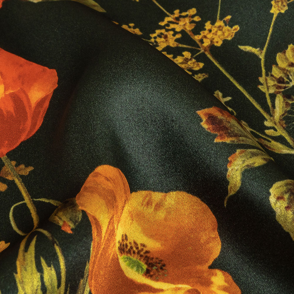 Mood Exclusive Italian Kombu Green, Red and Golden Yellow Botanical Silk Charmeuse - Detail