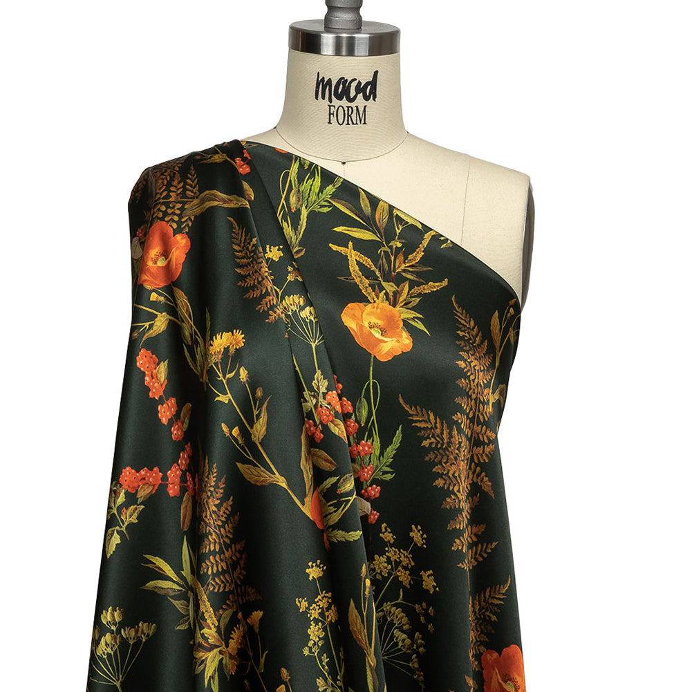 Mood Exclusive Italian Kombu Green, Red and Golden Yellow Botanical Silk Charmeuse - Drape
