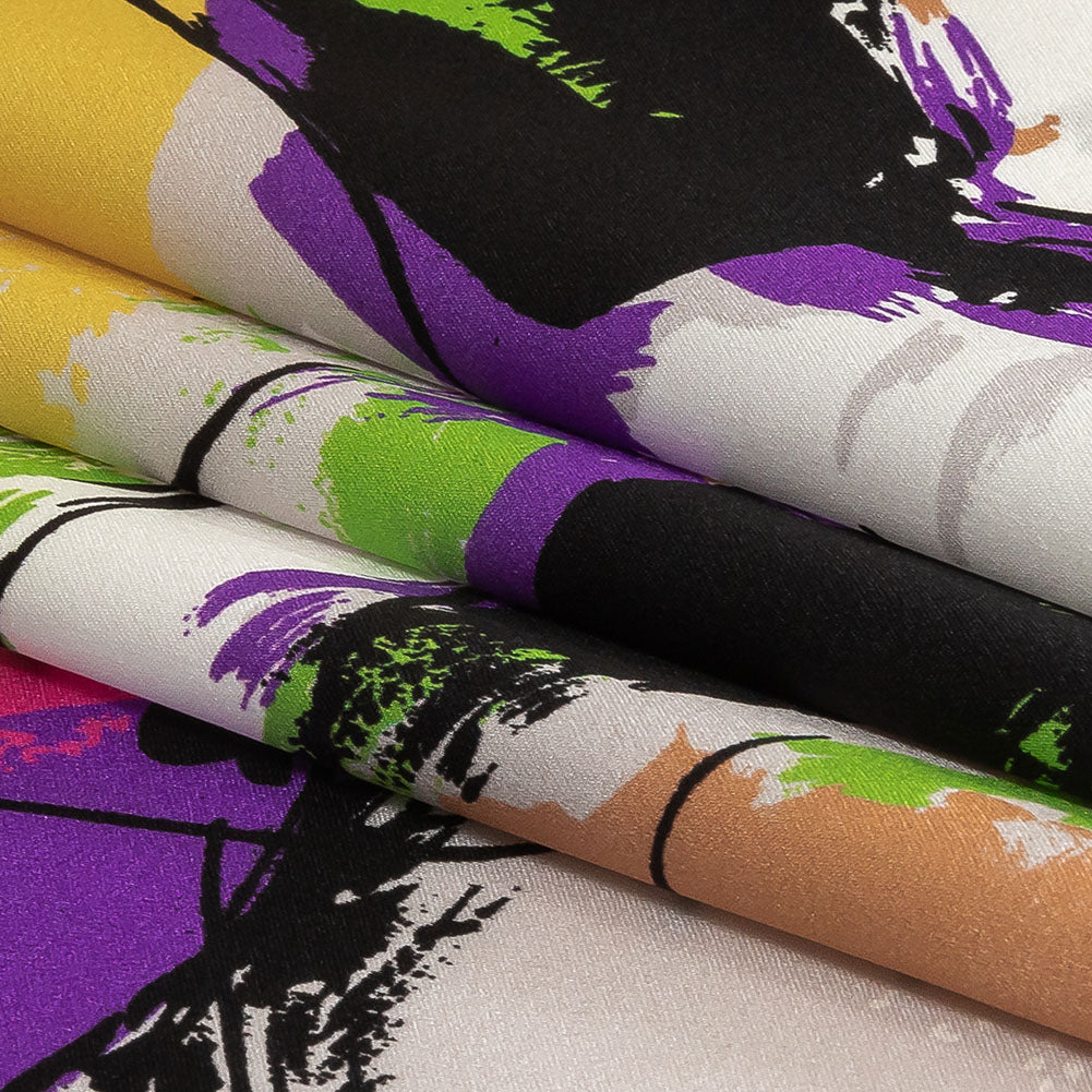 Mood Exclusive Italian Yellow, Raspberry Rose and Beige Linework and Brushstrokes Abstract Silk Charmeuse - Folded