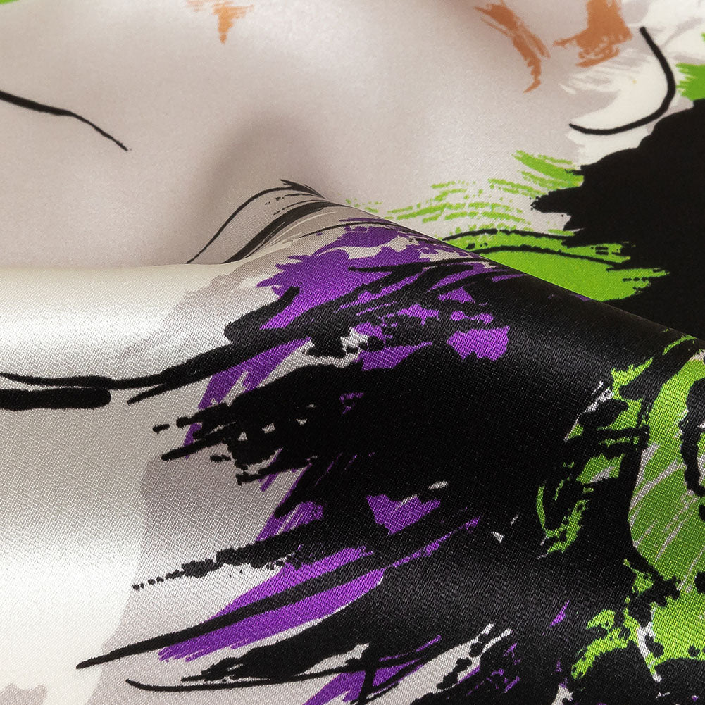Mood Exclusive Italian Yellow, Raspberry Rose and Beige Linework and Brushstrokes Abstract Silk Charmeuse - Detail