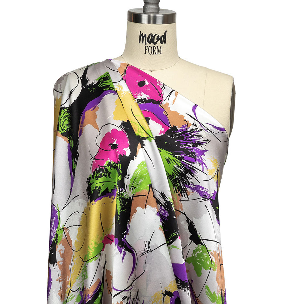 Mood Exclusive Italian Yellow, Raspberry Rose and Beige Linework and Brushstrokes Abstract Silk Charmeuse - Drape