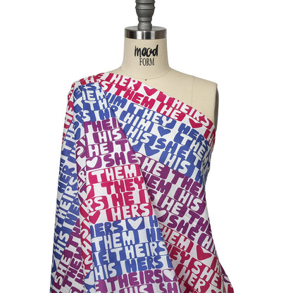 Mercerized Organic Egyptian Cotton Voile - Hot Pink, Blue and Purple Pronoun Stripes - More Than Words Print - Mood Exclusive Pride Collection Drape