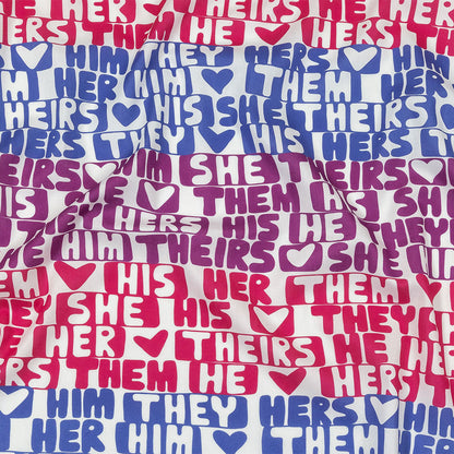 Mercerized Organic Egyptian Cotton Voile - Hot Pink, Blue and Purple Pronoun Stripes - More Than Words Print - Mood Exclusive Pride Collection