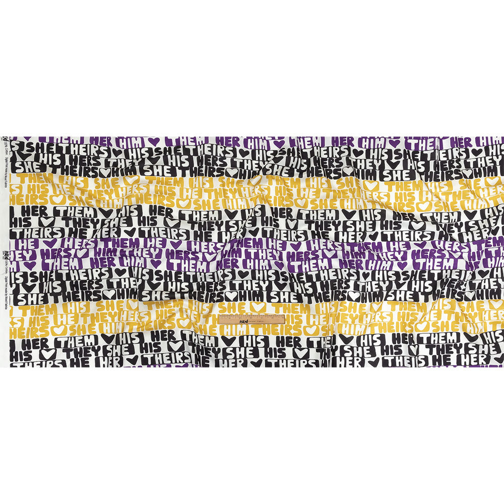 Mercerized Organic Egyptian Cotton Voile - Black, Purple and Yellow Pronoun Stripes - More Than Words Print - Mood Exclusive Pride Collection Full