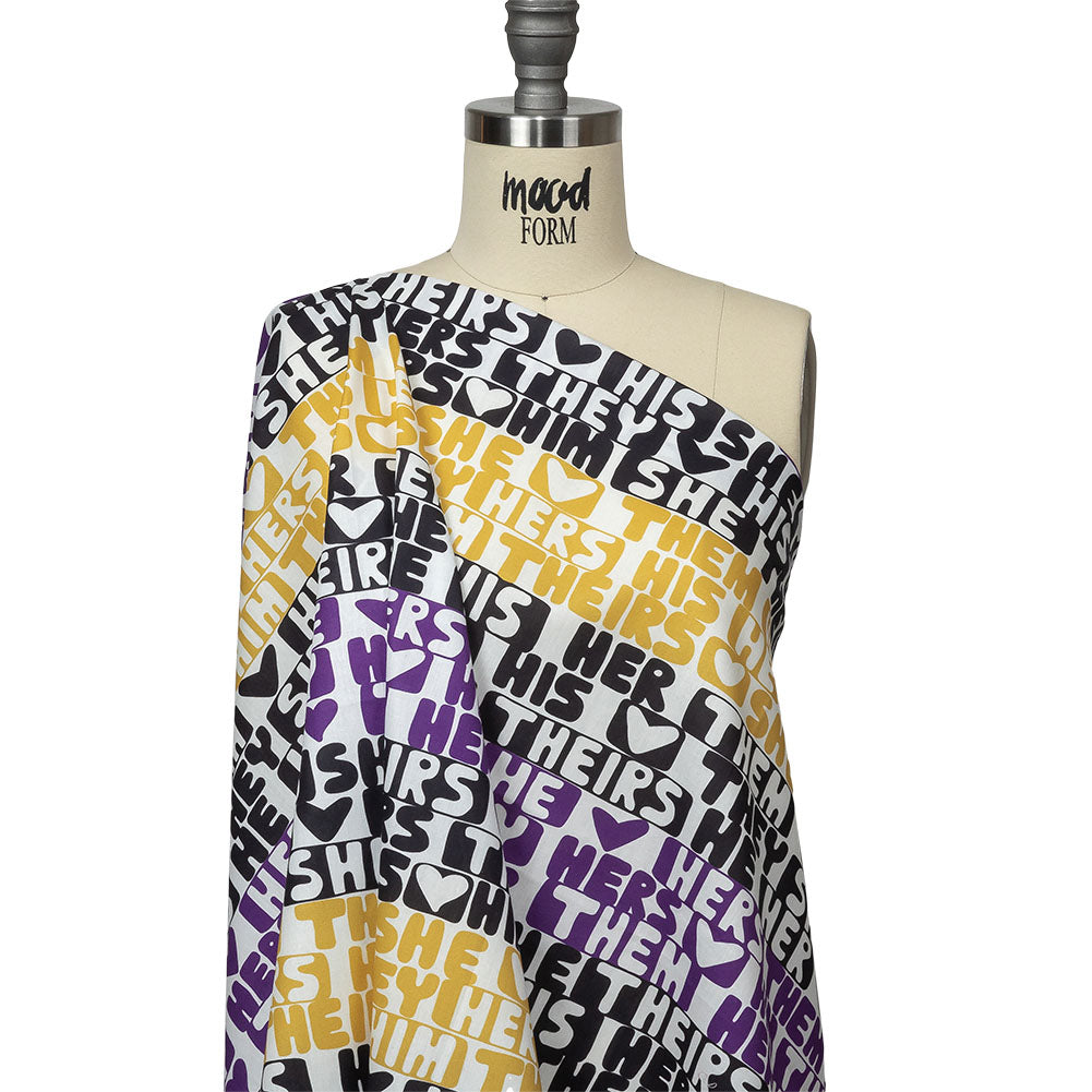 Mercerized Organic Egyptian Cotton Voile - Black, Purple and Yellow Pronoun Stripes - More Than Words Print - Mood Exclusive Pride Collection Drape