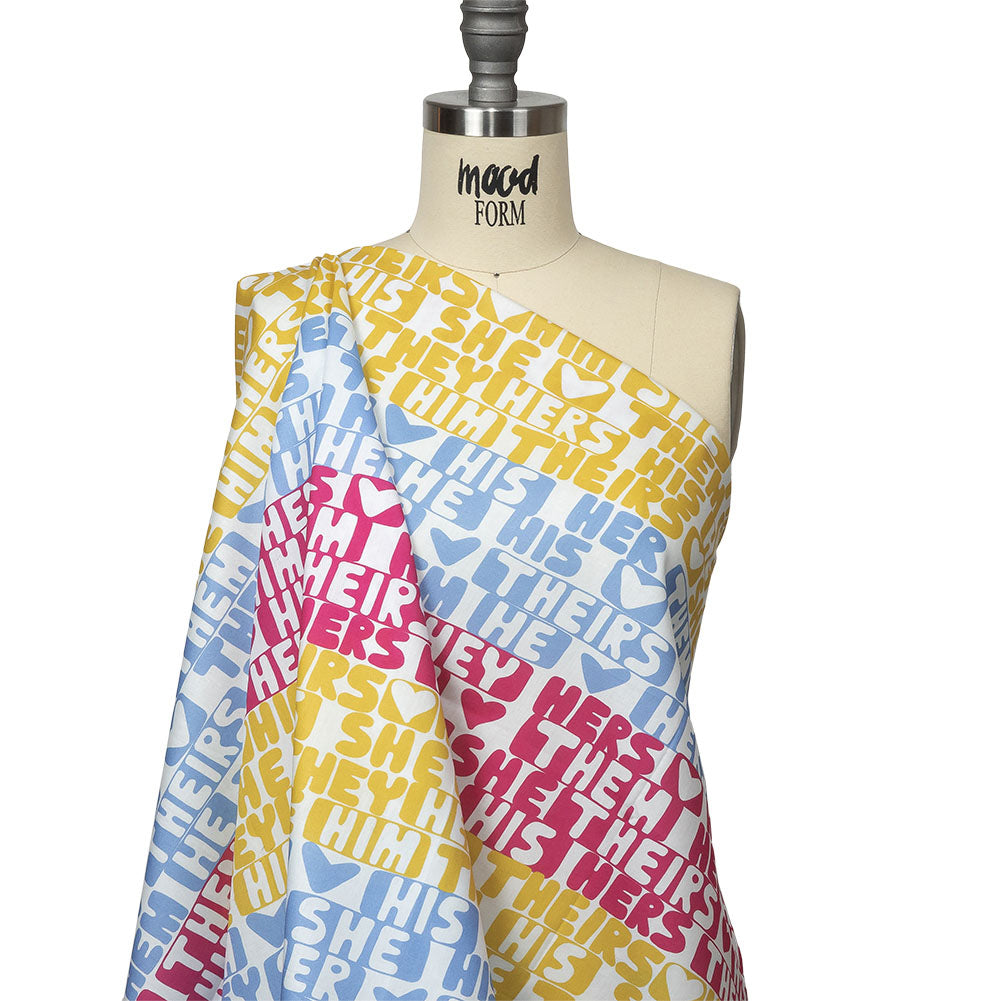 Mercerized Organic Egyptian Cotton Voile - Pink, Yellow and Blue Pronoun Stripes - More Than Words Print - Mood Exclusive Pride Collection Drape