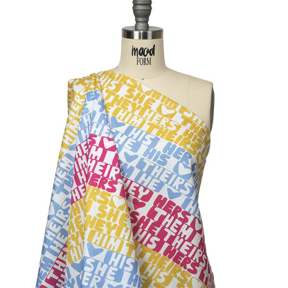 Mercerized Organic Egyptian Cotton Voile - Pink, Yellow and Blue Pronoun Stripes - More Than Words Print - Mood Exclusive Pride Collection Drape