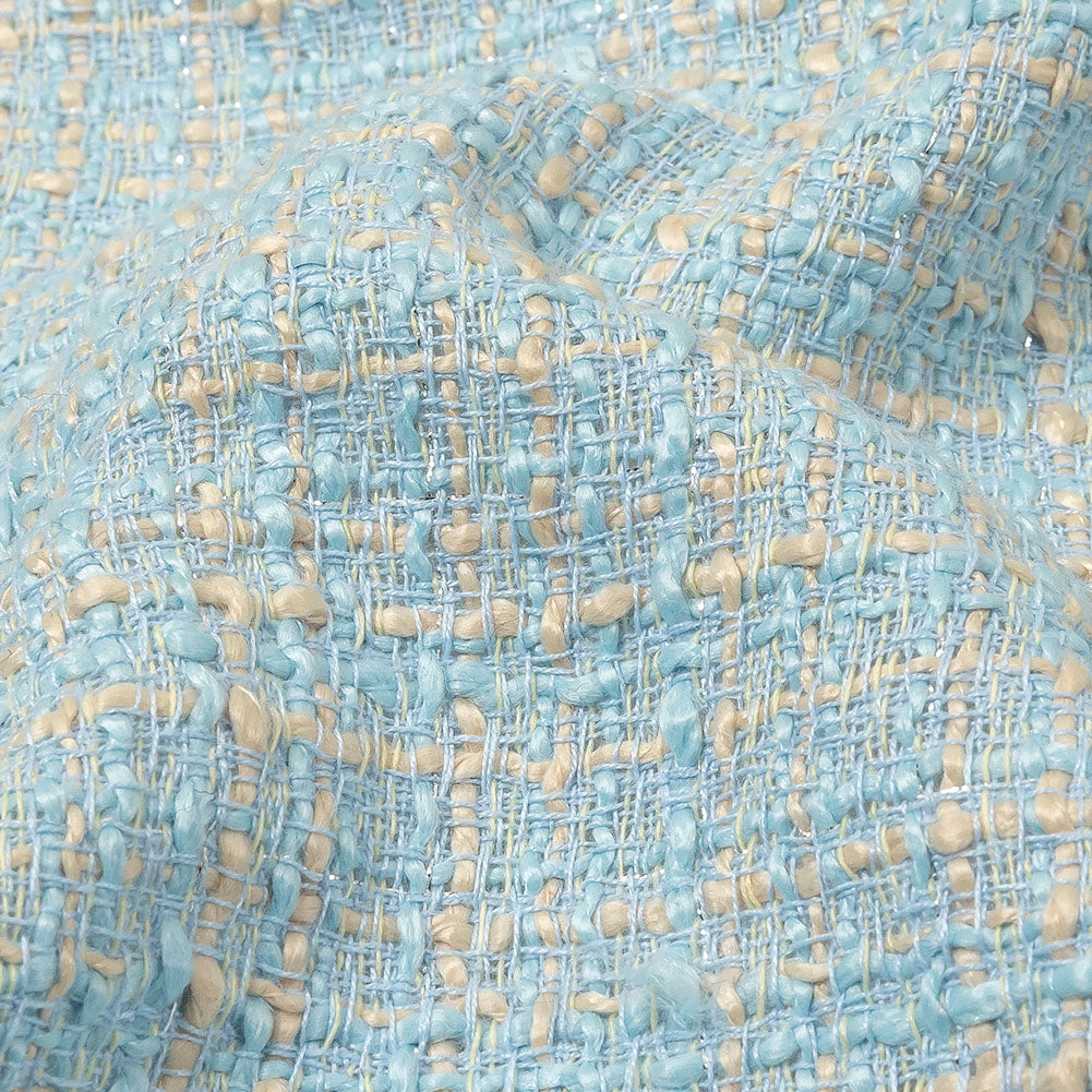 Sky Blue, Oyster White and Metallic Silver Polyester Tweed Detail