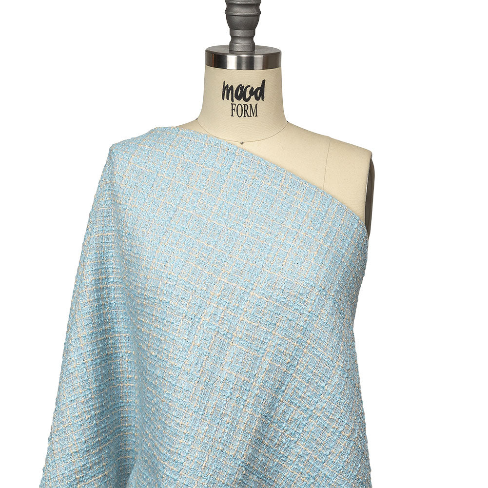 Sky Blue, Oyster White and Metallic Silver Polyester Tweed Drape