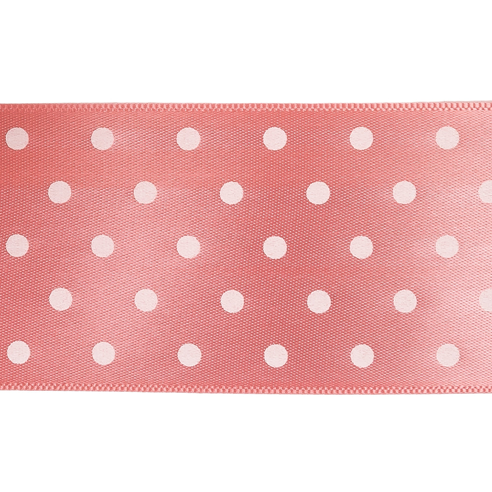Flamingo and White Polka Dot Satin Ribbon - 1.5" Detail