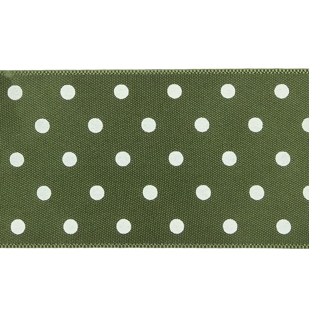 Moss and White Polka Dot Satin Ribbon - 1.5" Detail
