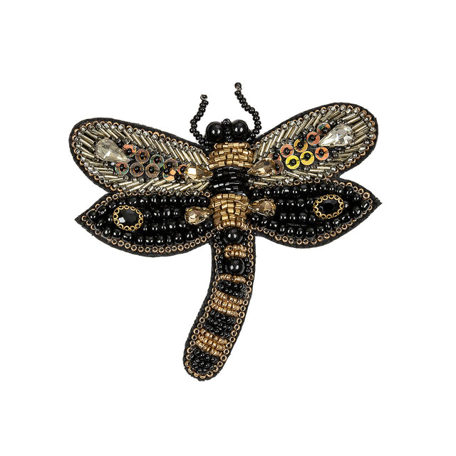 Black and Gold Dragonfly Rhinestone and Glass Beaded Applique - 3.375" X 3.5"