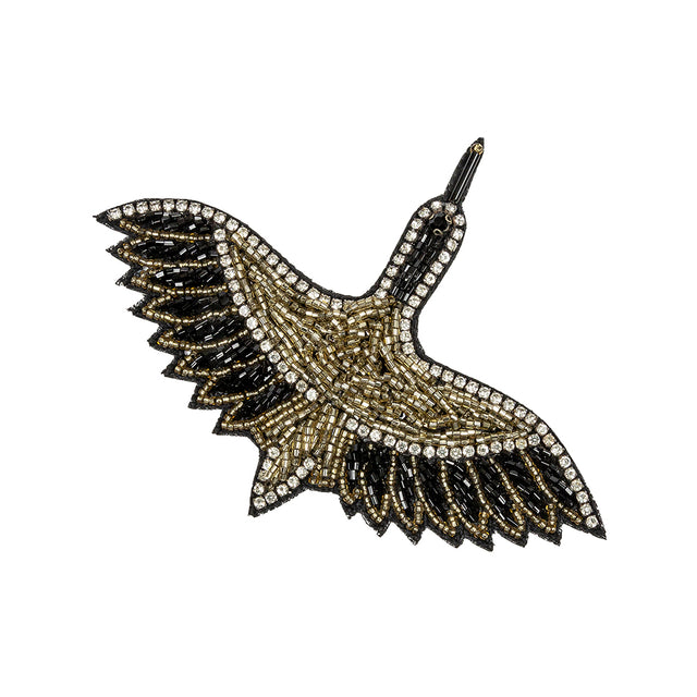 Black, Gold and Crystal Rhinestone Crane Glass Beaded Applique - 3.375" X 4.5"
