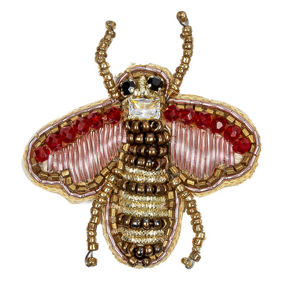 Gold and Prism Pink Bee Rhinestone and Glass Beaded Applique - 2" X 1.875" Detail