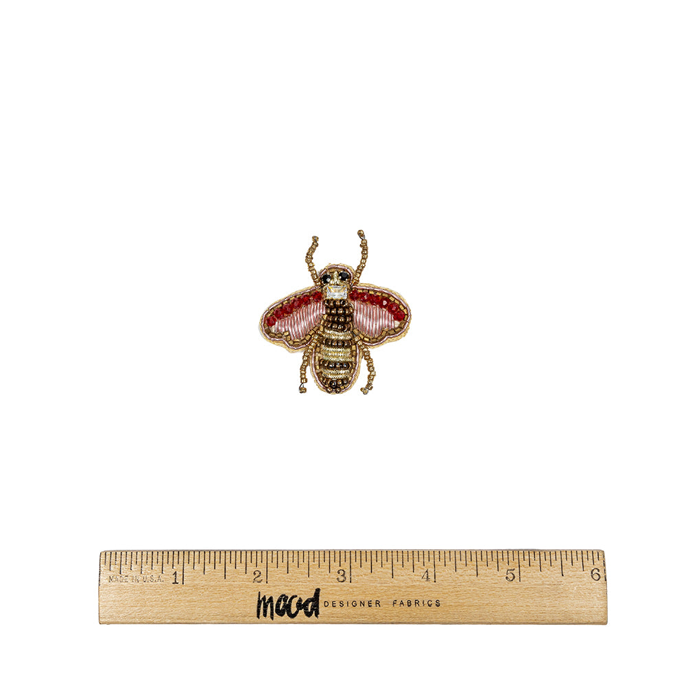 Gold and Prism Pink Bee Rhinestone and Glass Beaded Applique - 2" X 1.875" Full