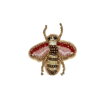 Gold and Prism Pink Bee Rhinestone and Glass Beaded Applique - 2" X 1.875"