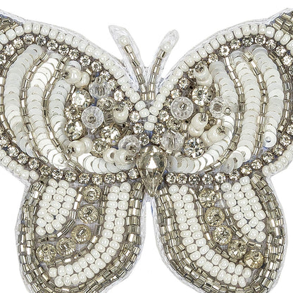 Silver and White Butterfly Rhinestone and Glass Beaded Applique - 2.375" X 2.75" Detail