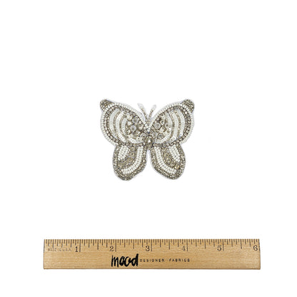 Silver and White Butterfly Rhinestone and Glass Beaded Applique - 2.375" X 2.75" Full
