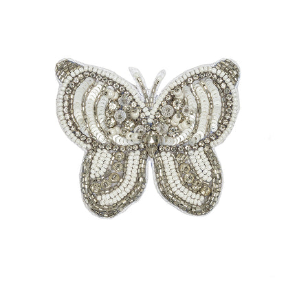 Silver and White Butterfly Rhinestone and Glass Beaded Applique - 2.375" X 2.75"