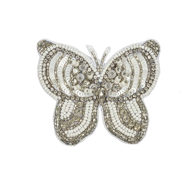Silver and White Butterfly Rhinestone and Glass Beaded Applique - 2.375" X 2.75"
