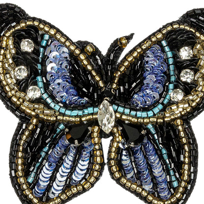 Blue Radiance and Black Butterfly Rhinestone and Glass Beaded Applique - 2.5" X 2.875" Detail