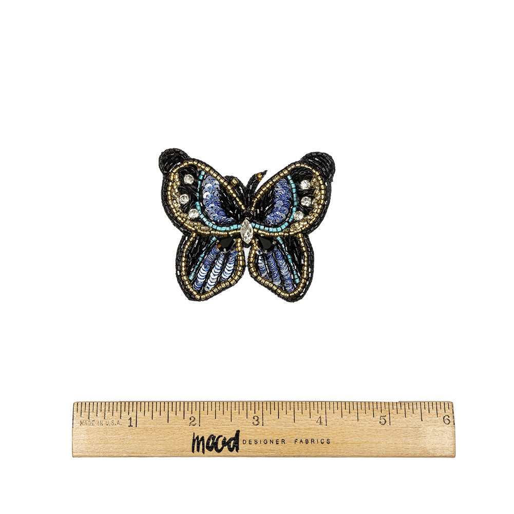 Blue Radiance and Black Butterfly Rhinestone and Glass Beaded Applique - 2.5" X 2.875" Full