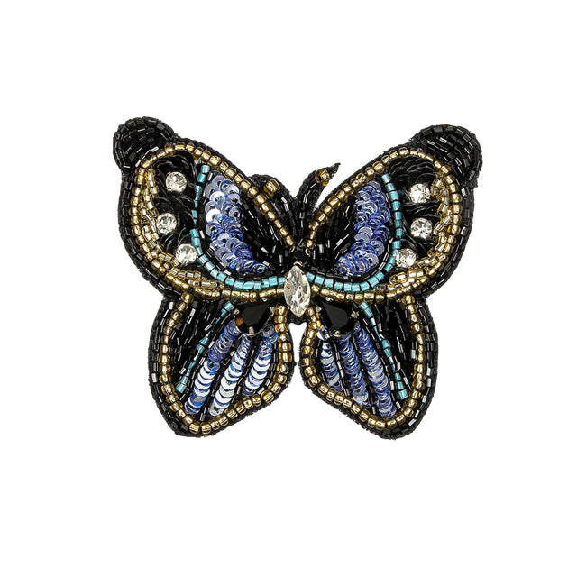Blue Radiance and Black Butterfly Rhinestone and Glass Beaded Applique - 2.5" X 2.875"