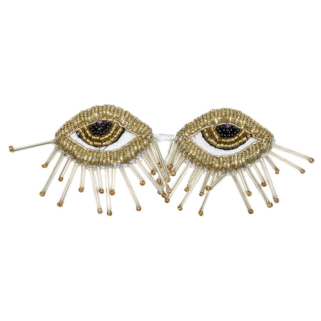 Gold, Black and White Pair of Eyes Beaded Applique - 1.875" X 3.75"