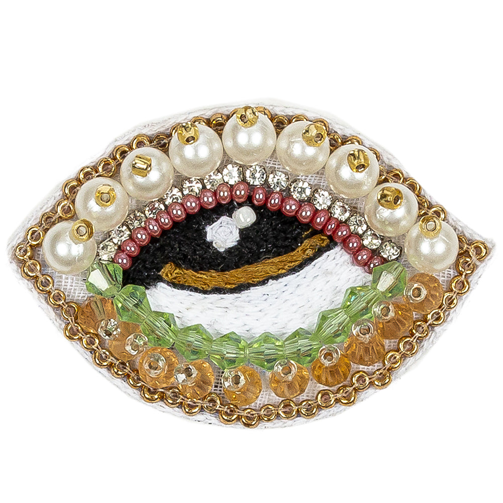 Summer Green, Kumquat and White Pearl Eye Beaded and Embroidered Applique - 1.375" X 2.25" Detail