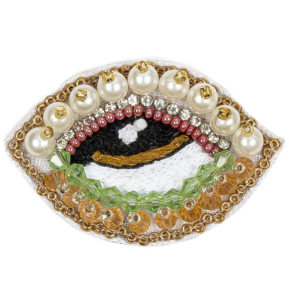 Summer Green, Kumquat and White Pearl Eye Beaded and Embroidered Applique - 1.375" X 2.25" Detail