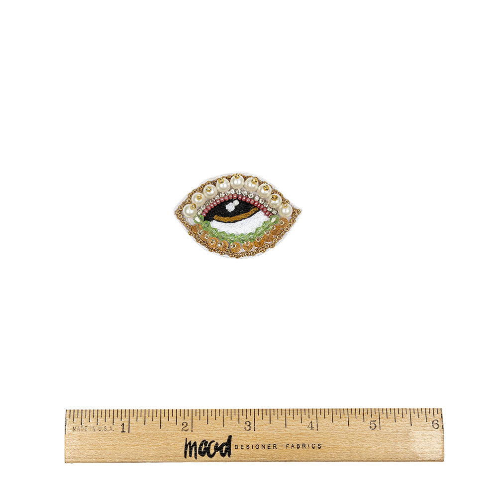 Summer Green, Kumquat and White Pearl Eye Beaded and Embroidered Applique - 1.375" X 2.25" Full