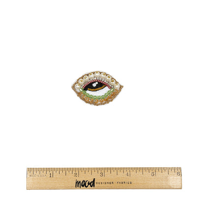 Summer Green, Kumquat and White Pearl Eye Beaded and Embroidered Applique - 1.375" X 2.25" Full