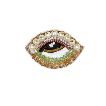 Summer Green, Kumquat and White Pearl Eye Beaded and Embroidered Applique - 1.375" X 2.25"