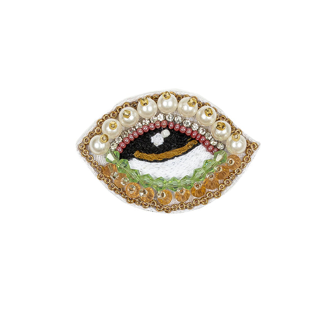 Summer Green, Kumquat and White Pearl Eye Beaded and Embroidered Applique - 1.375" X 2.25"