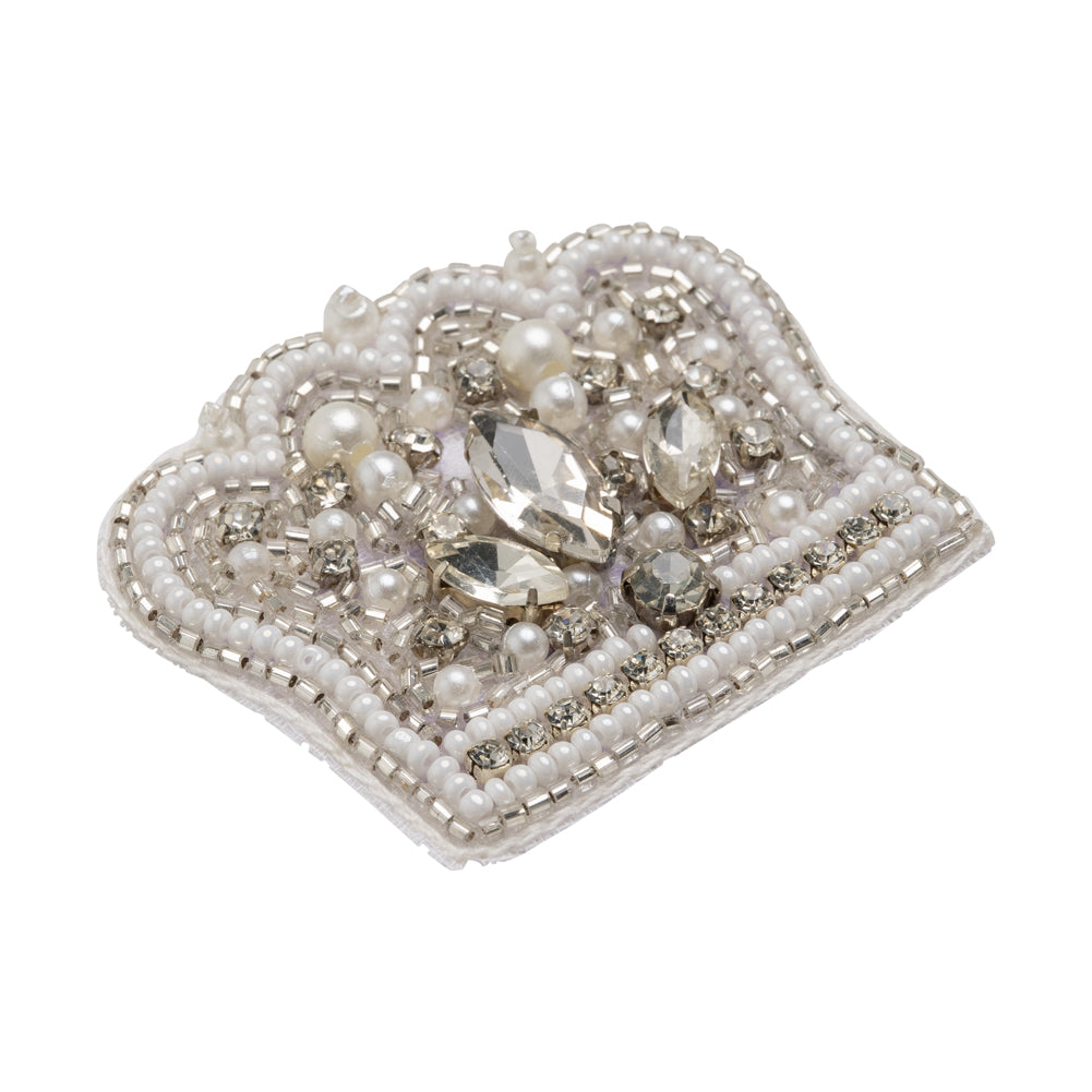 White and Silver Pearled Crown Rhinestone and Glass Beaded Applique - 1.625" X 2" Folded