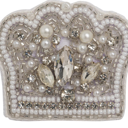 White and Silver Pearled Crown Rhinestone and Glass Beaded Applique - 1.625" X 2" Detail