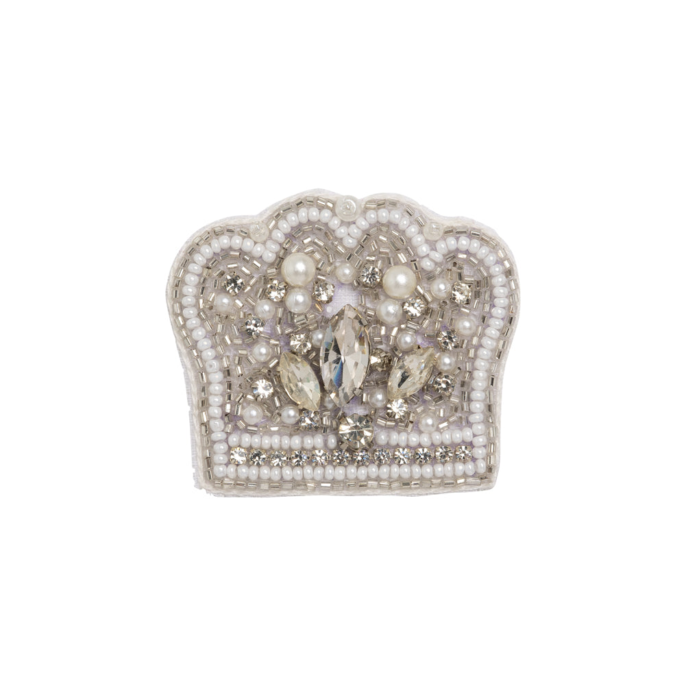 White and Silver Pearled Crown Rhinestone and Glass Beaded Applique - 1.625" X 2"