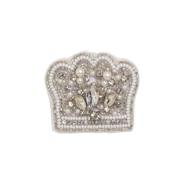 White and Silver Pearled Crown Rhinestone and Glass Beaded Applique - 1.625" X 2"