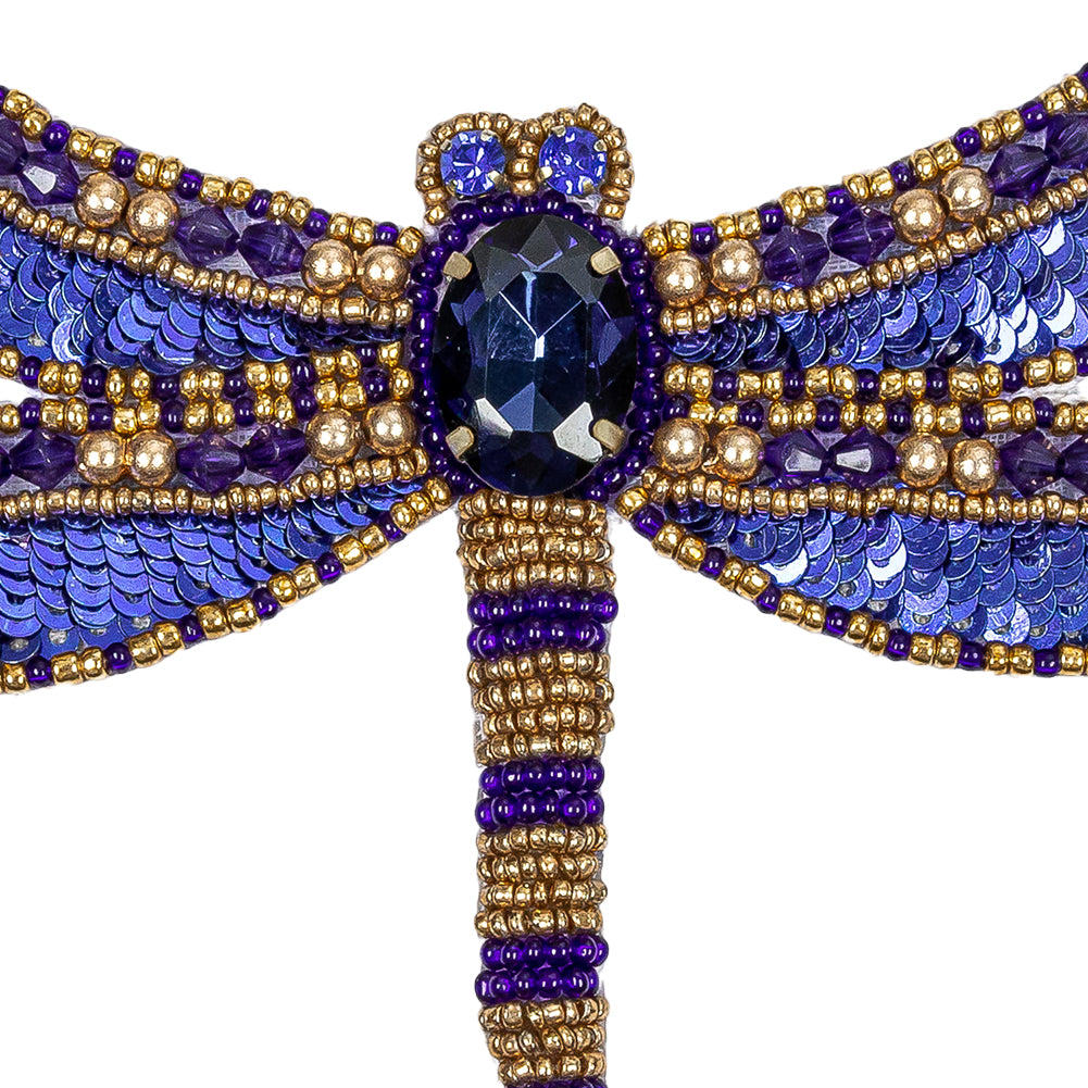 Magnetic Blue and Gold Dragonfly Rhinestone and Glass Beaded Applique - 2.75" X 4.125" Detail