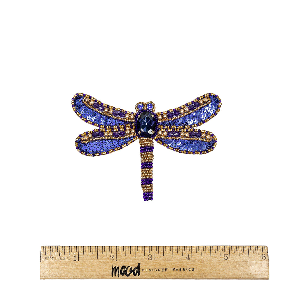 Magnetic Blue and Gold Dragonfly Rhinestone and Glass Beaded Applique - 2.75" X 4.125" Full