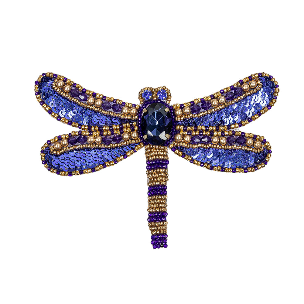 Magnetic Blue and Gold Dragonfly Rhinestone and Glass Beaded Applique - 2.75" X 4.125"