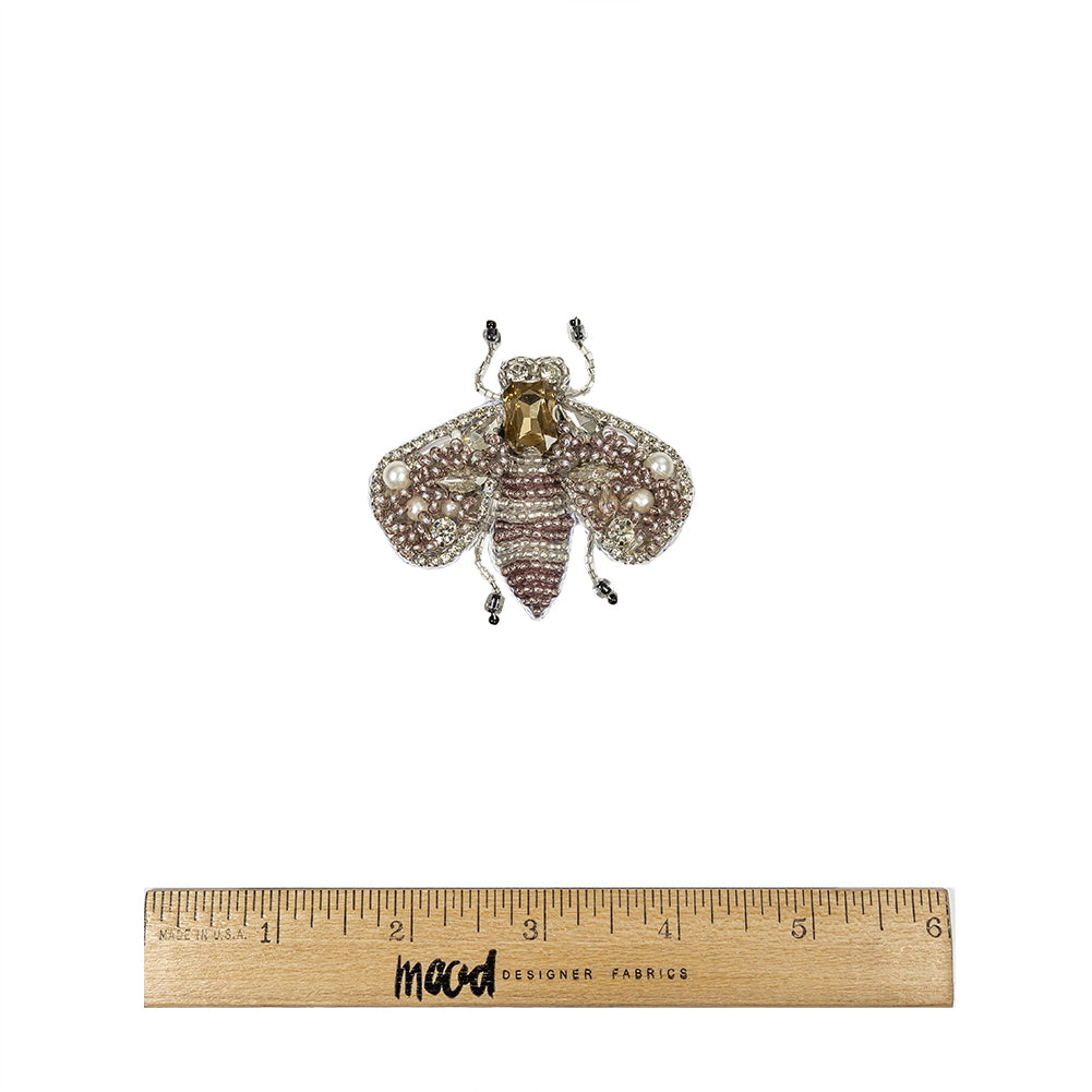 Silver and Pale Orchid Fly Rhinestone and Glass Beaded Applique - 2.375" X 2.5" Full