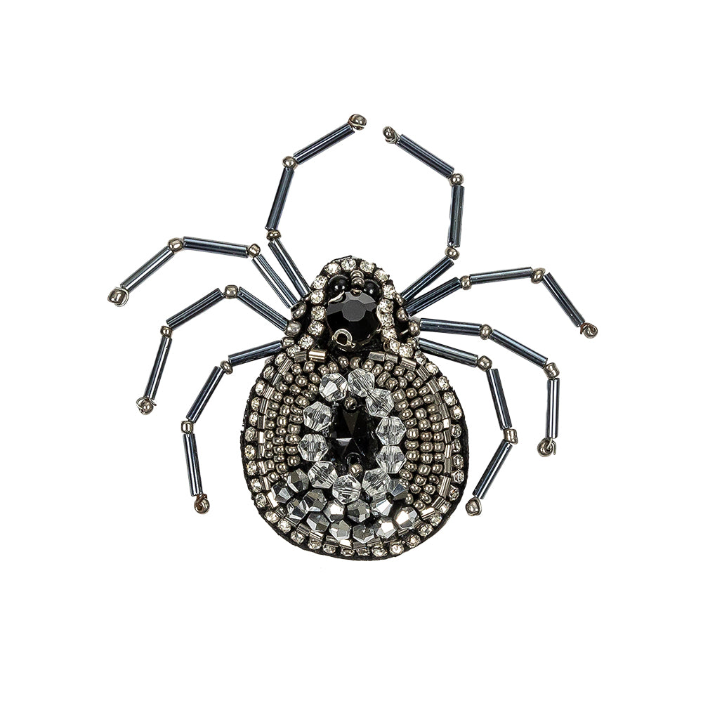 Gunmetal and Iron Spider Rhinestone and Glass Beaded Applique - 2.625" X 2.875"