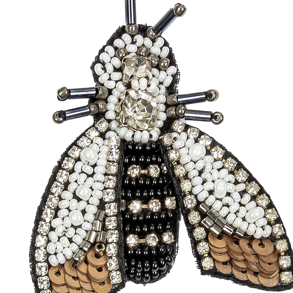 Black, White and Bronze Moth Rhinestone and Glass Beaded Applique - 2.5" X 2" Detail