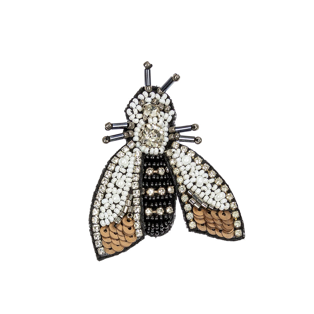 Black, White and Bronze Moth Rhinestone and Glass Beaded Applique - 2.5" X 2"