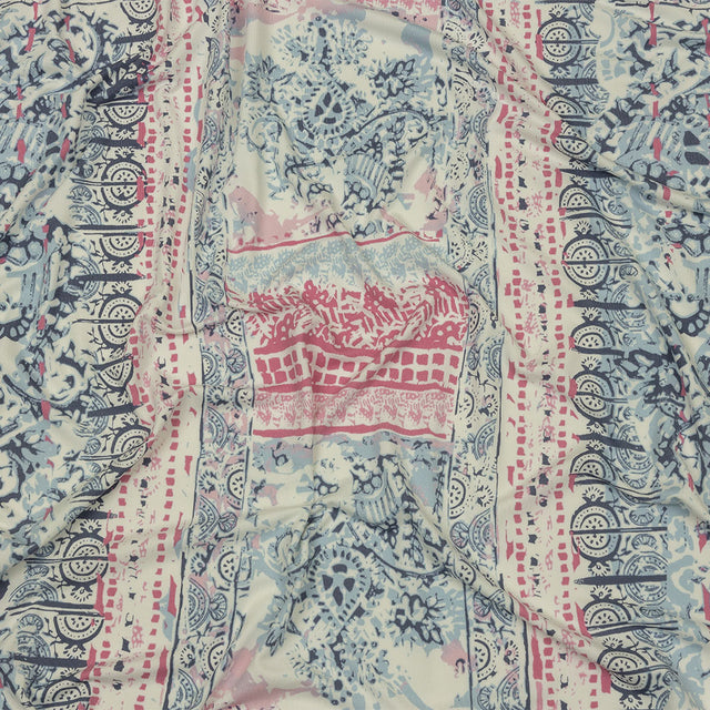 Blue Gray, Pink and White Abstract Patchwork Stretch Polyester ITY Jersey Panel