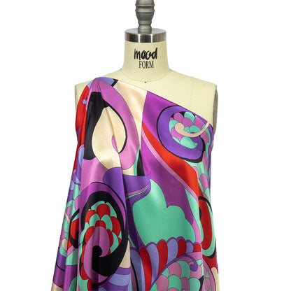 Italian Purple, Red and Ice Green Scales and Swirls Silk Charmeuse Detail