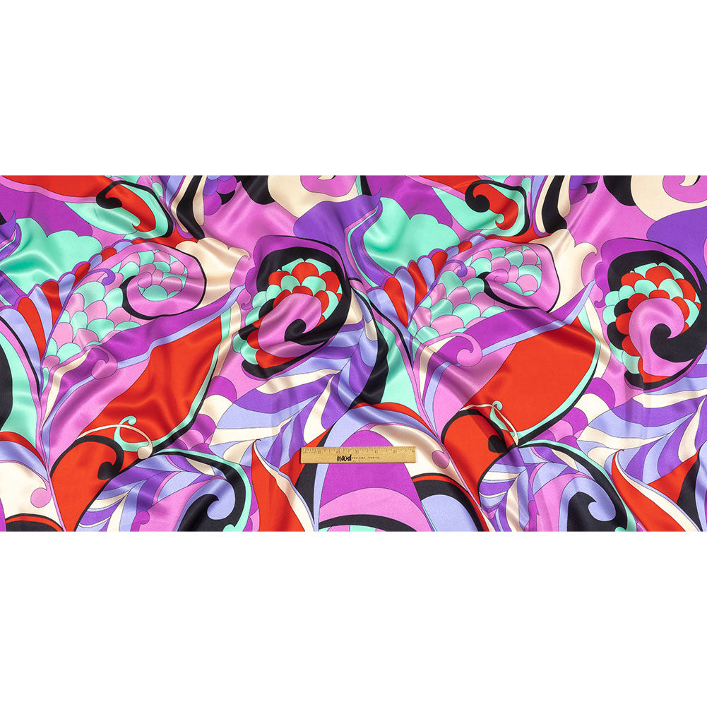 Italian Purple, Red and Ice Green Scales and Swirls Silk Charmeuse Drape