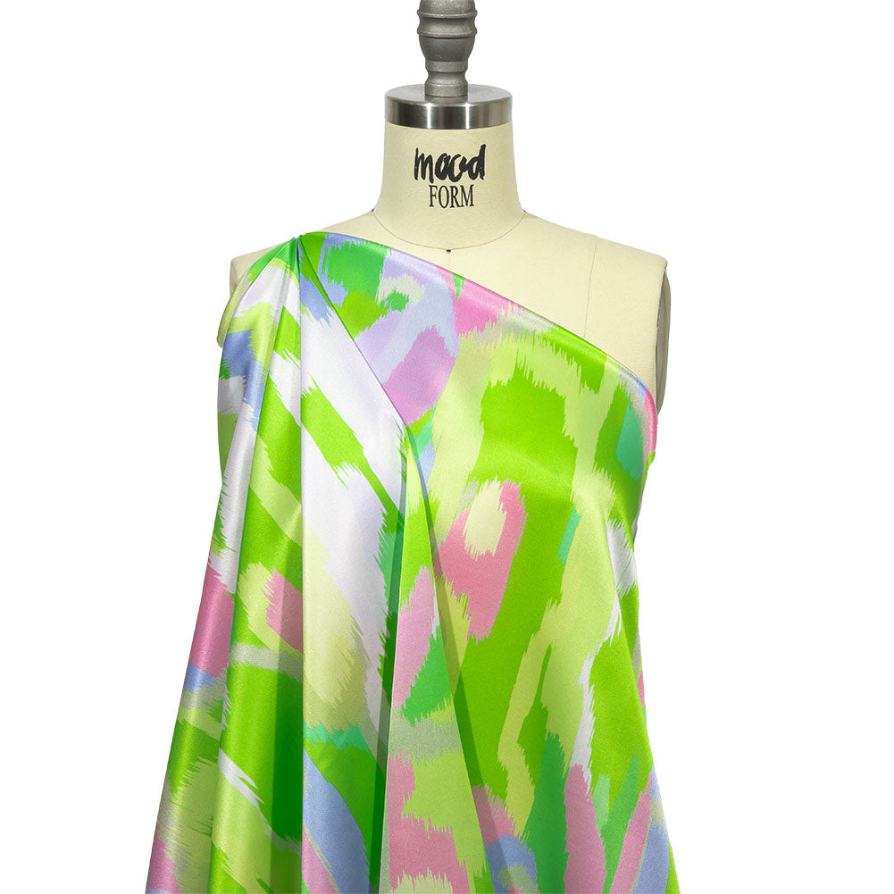 Italian Lime, Pink and Lilac Ikat Paradise Silk Charmeuse Detail